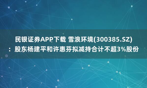 民银证券APP下载 雪浪环境(300385.SZ):股东杨建平和许惠芬拟减持合计不超3%股份